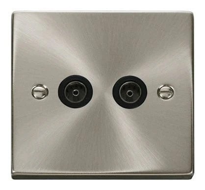 Satin Chrome 2 Gang Twin Coaxial TV Socket - Black Trim