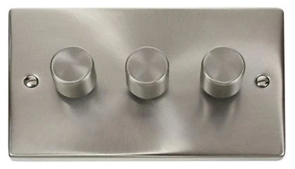 Satin Chrome 3 Gang 2 Way LED 100W Trailing Edge Dimmer Light Switch