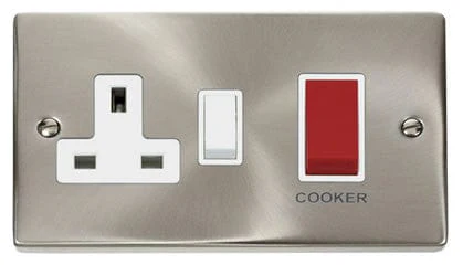 Satin Chrome Cooker Control 45A With 13A Switched Plug Socket - White Trim
