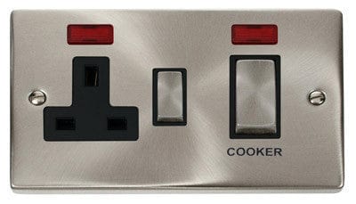 Satin Chrome Cooker Control Ingot 45A With 13A Switched Plug Socket & 2 Neons - Black Trim