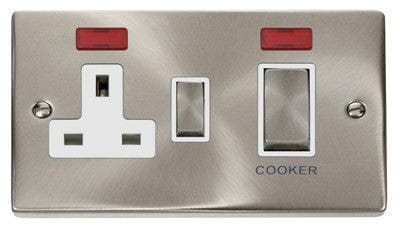 Satin Chrome Cooker Control Ingot 45A With 13A Switched Plug Socket & 2 Neons - White Trim