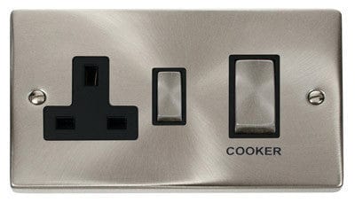 Satin Chrome Cooker Control Ingot 45A With 13A Switched Plug Socket - Black Trim