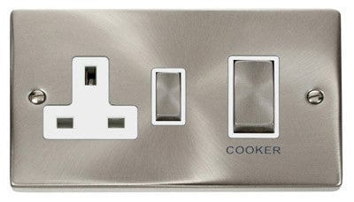 Satin Chrome Cooker Control Ingot 45A With 13A Switched Plug Socket - White Trim