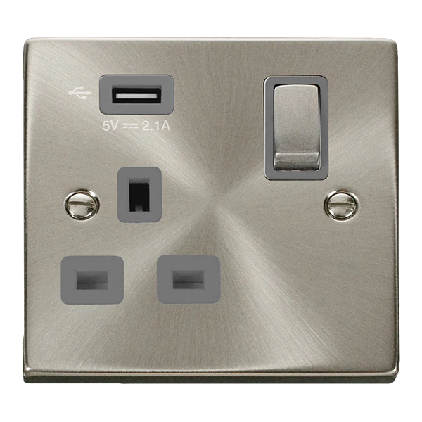 Satin Chrome 1 Gang 13A DP Ingot 1 USB Switched Plug Socket - Grey Trim