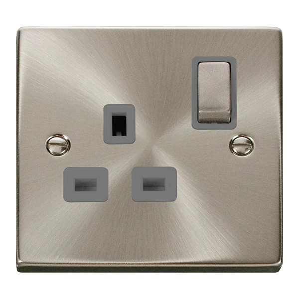 Satin Chrome 1 Gang 13A DP Ingot Switched Plug Socket - Grey Trim