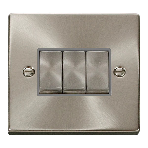 Satin Chrome 10A 3 Gang 2 Way Ingot Light Switch - Grey Trim