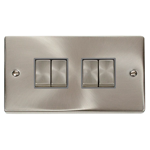 Satin Chrome 10A 4 Gang 2 Way Ingot Light Switch - Grey Trim