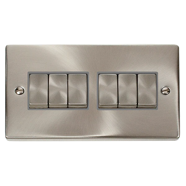 Satin Chrome 10A 6 Gang 2 Way Ingot Light Switch - Grey Trim