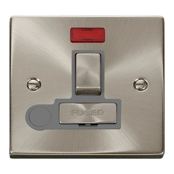 Satin Chrome 13A Fused Ingot Connection Unit Switched With Neon With Flex - Grey Trim