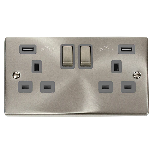 Satin Chrome 2 Gang 13A DP Ingot 2 USB Twin Double Switched Plug Socket - Grey Trim