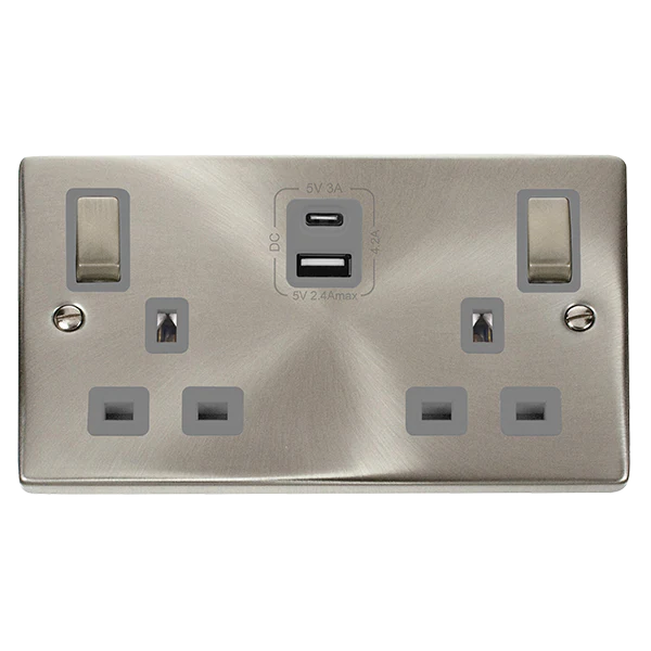 Satin Chrome 2 Gang 13A DP Ingot Type A & C USB Twin Double Switched Plug Socket - Grey Trim