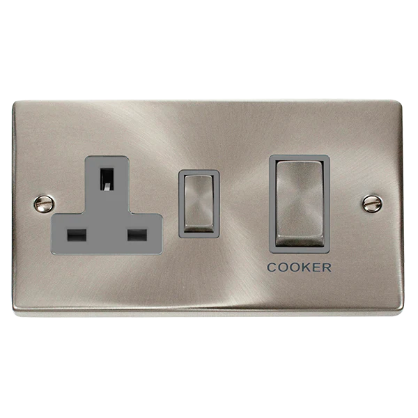 Satin Chrome Cooker Control Ingot 45A With 13A Switched Plug Socket - Grey Trim