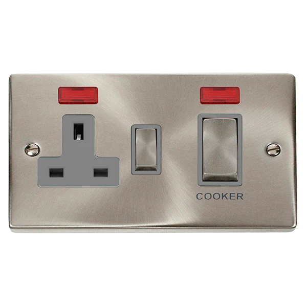 Satin Chrome Cooker Control Ingot 45A With 13A Switched Plug Socket & 2 Neons - Grey Trim