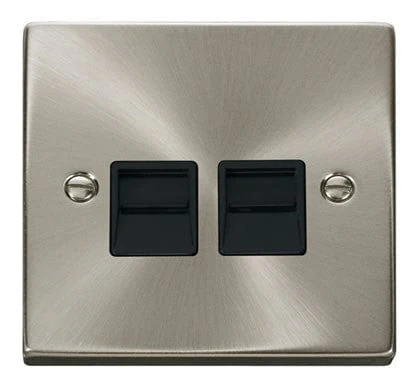 Satin Chrome Master Telephone Twin Socket - Black Trim