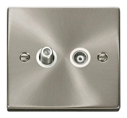 Satin Chrome Satellite And Isolated Coaxial 1 Gang Socket - White Trim