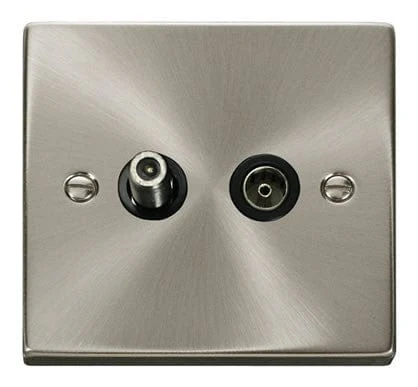 Satin Chrome Satellite & Coaxial Socket 1 Gang - Black Trim