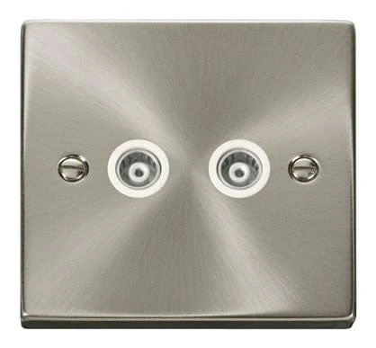 Satin Chrome Twin Isolated Coaxial Socket - White Trim