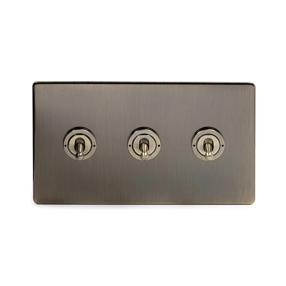 Screwless Antique Brass 3 Gang Intermediate Toggle Light Switch
