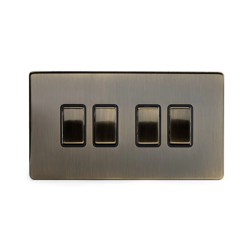 Screwless Antique Brass 4 Gang Intermediate Light Switch