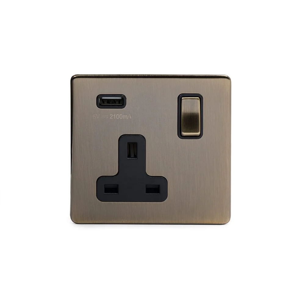 Screwless Antique Brass Single Pole 1 Gang USB Plug Socket