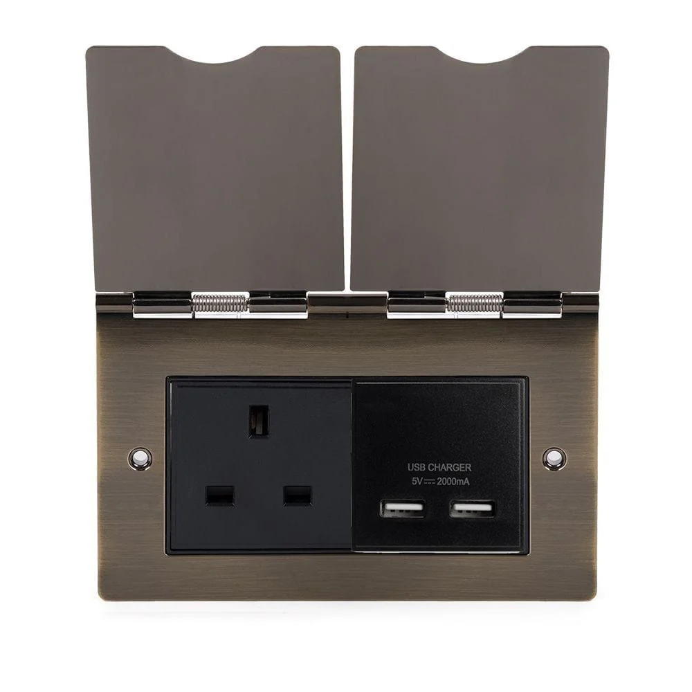 Screwless Antique Brass Double Floor Outlet 13 Amp Socket & USB Charger