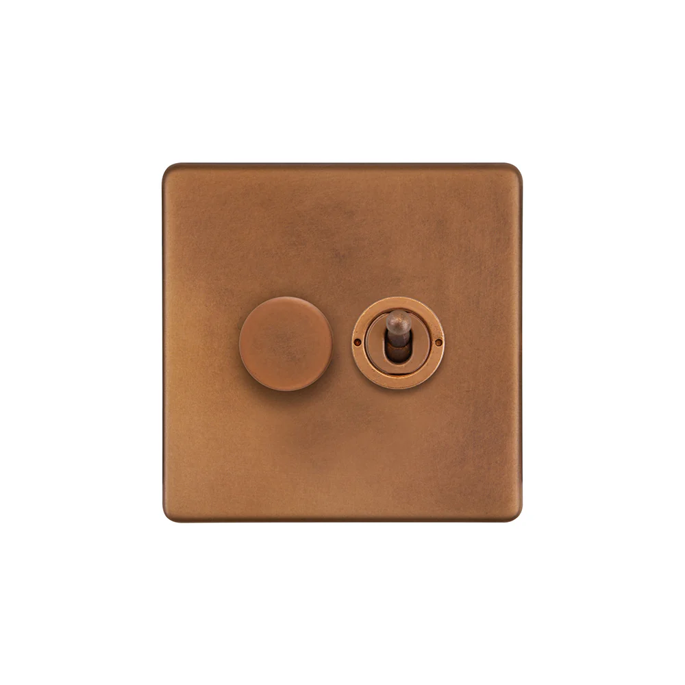 Screwless Antique Copper 2 Gang Dimmer and Toggle Light Switch Combo (1x150W LED Dimmer 1x20A 2 Way Toggle)