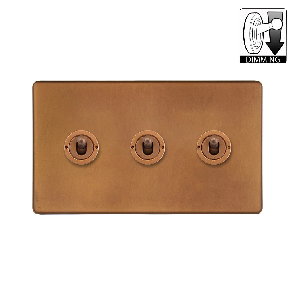 Screwless Antique Copper 3 Gang Dimming Toggle Light Switch