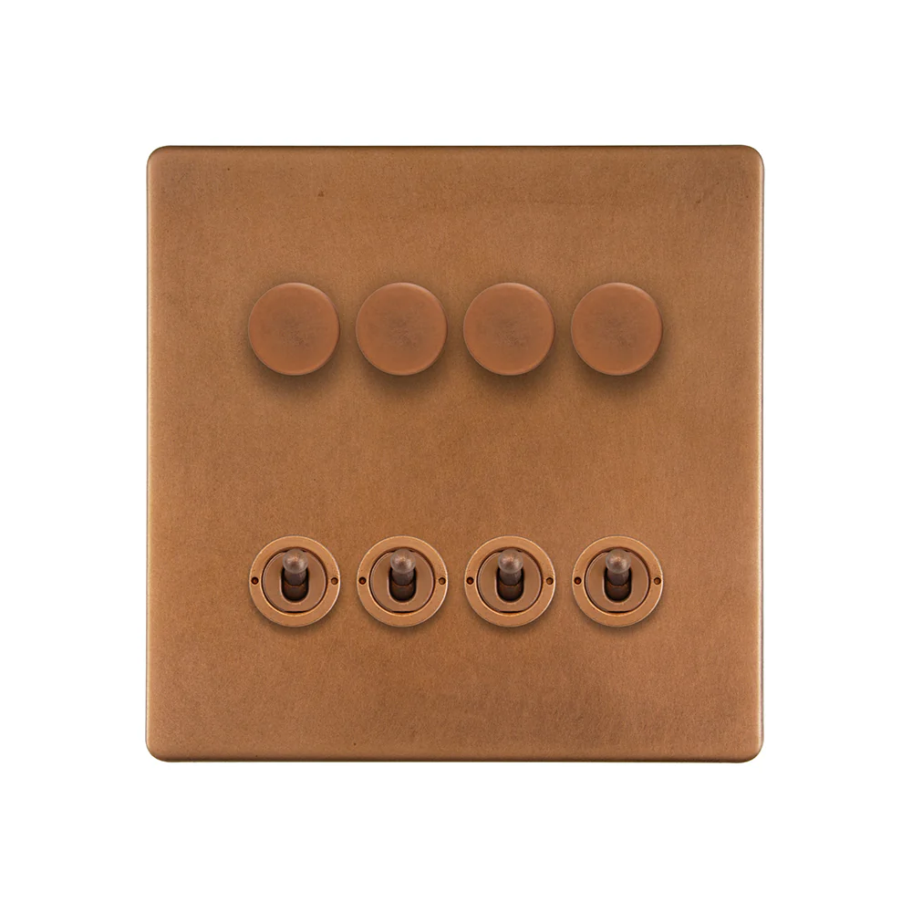 Screwless Antique Copper 8 Gang Dimmer & Toggle Combo 4x150W LED Dimmer 4x20A Toggle
