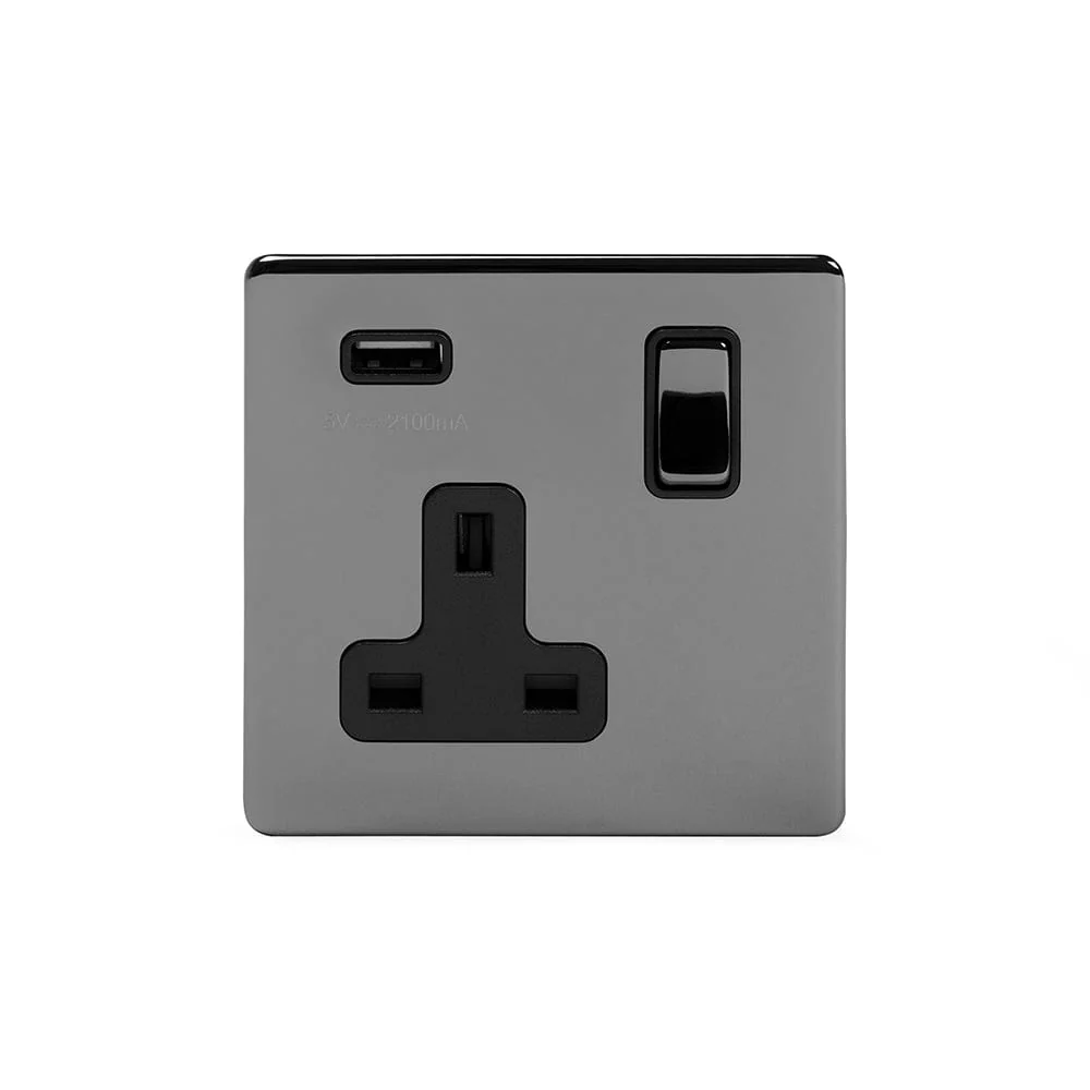 Screwless Black Nickel 13A 1 Gang DP USB Switched Plug Socket Output 2.1amp
