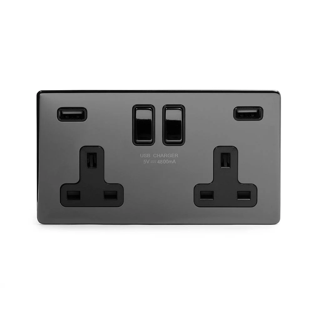 Screwless Black Nickel 13A 2 Gang DP Fast Charge 4.8amp USB Plug Socket