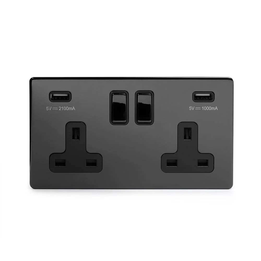Screwless Black Nickel 2 Gang 3.1 Amp USB Plug Socket