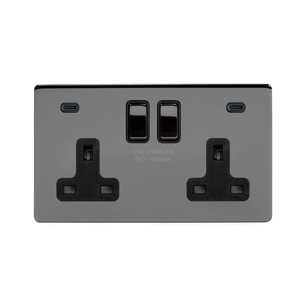 Screwless Black Nickel 2 Gang USB C+C Socket (13A Socket + 2 USB C 4.8A Ports)