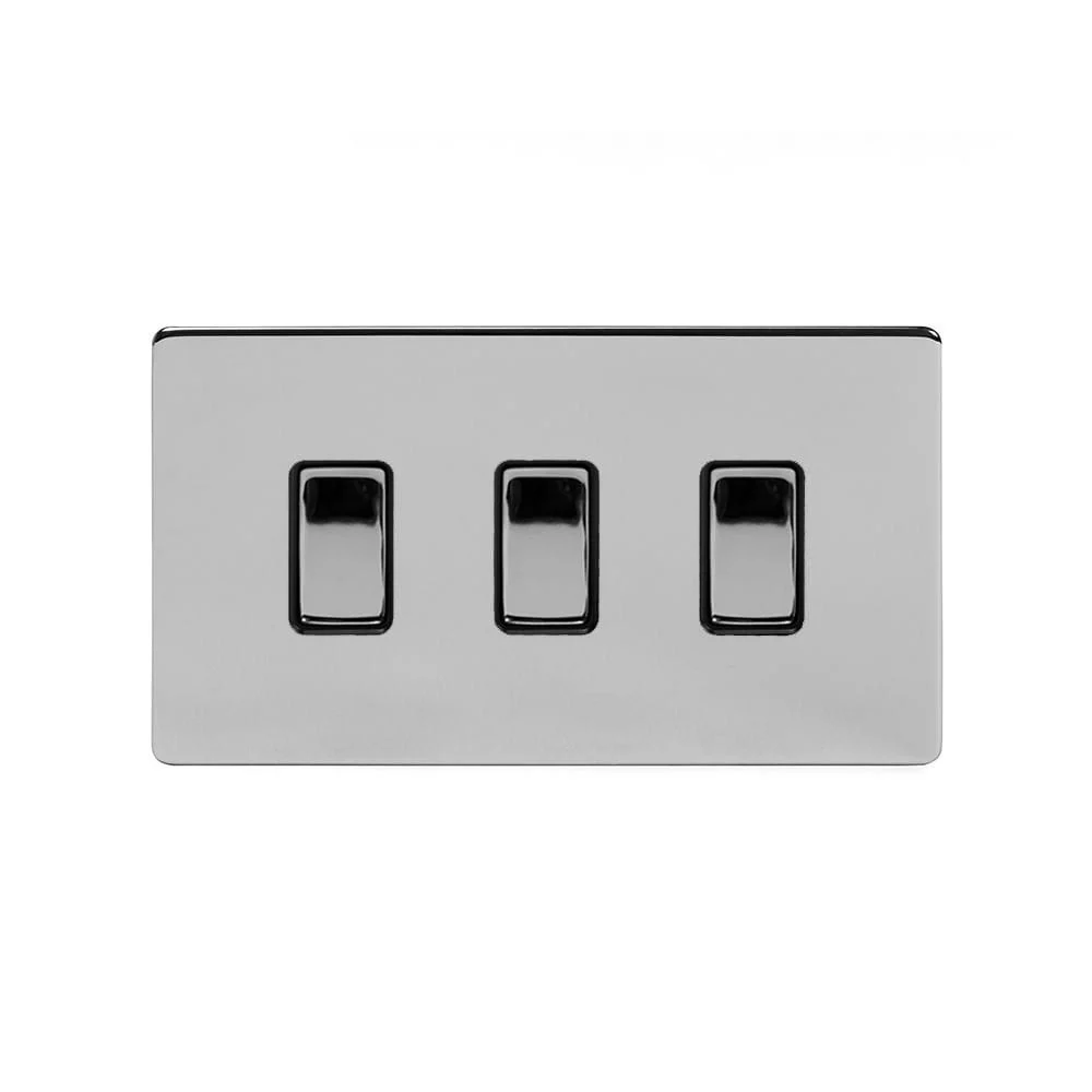 Screwless Polished Chrome 3 Gang Light Switch With 1 Intermediate (2 x 2 Way Switch with 1 Intermediate) - Black