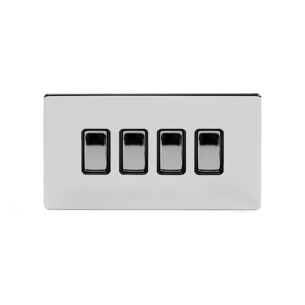 Screwless Polished Chrome 4 Gang Light Switch With 1 Intermediate (3 x 2 Way Switch with 1 Intermediate) - Black