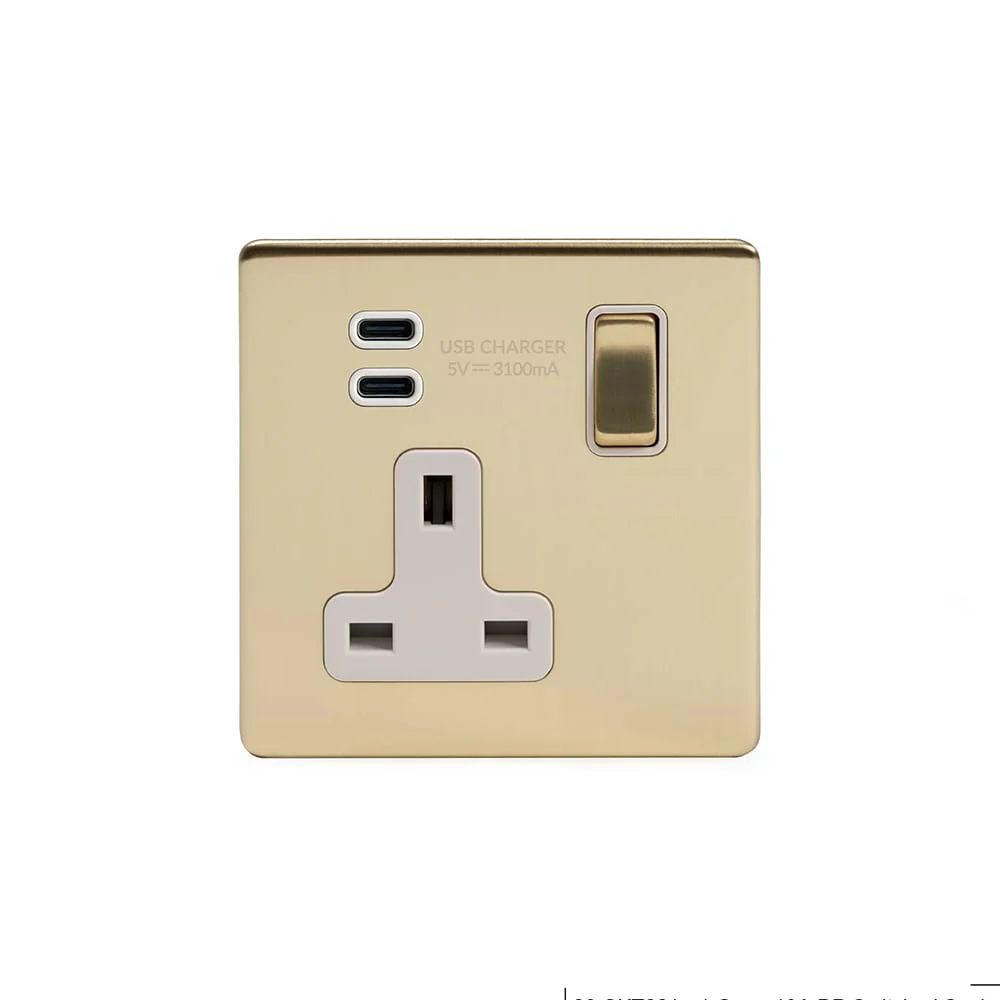 Screwless Brushed Brass 1 Gang USB C+C Socket (13A Socket + 2 USB C 3.1A Ports)