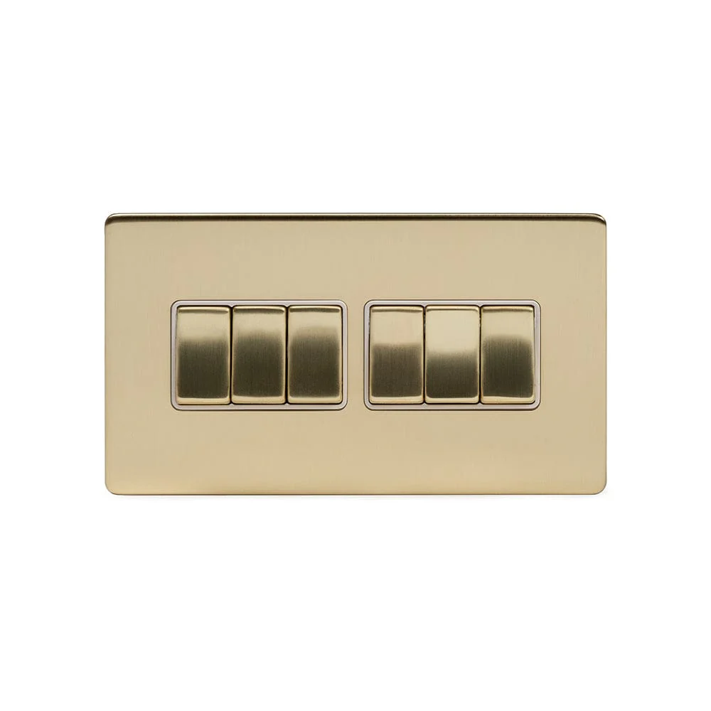 Screwless Brushed Brass 10A 6 Gang 2 Way Light Switch