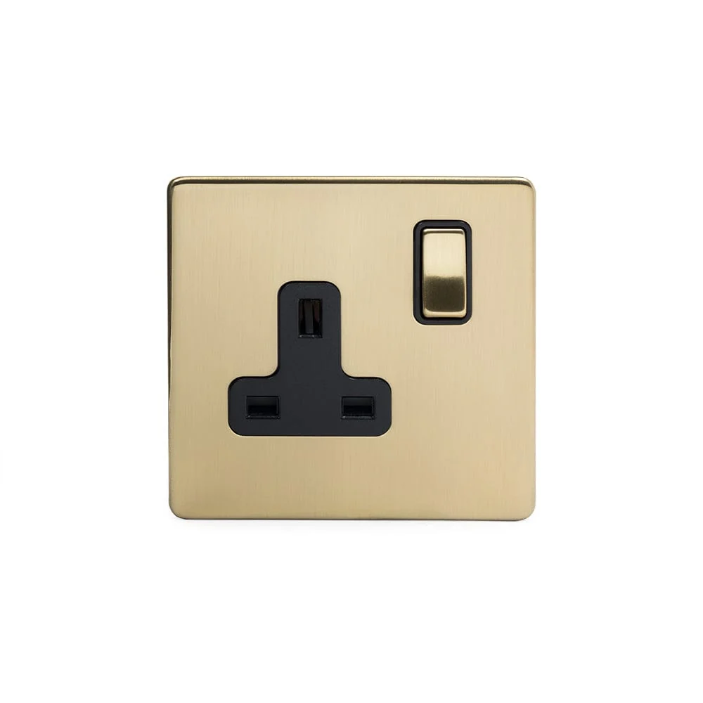 Screwless Brushed Brass 13A 1 Gang Double Pole Plug Socket