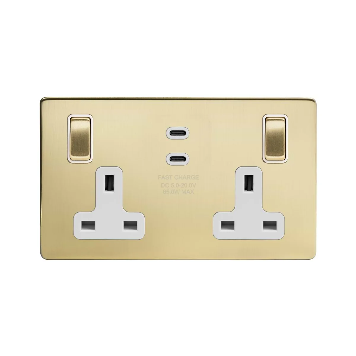 Screwless Brushed Brass 2 Gang 65W USB C+C Socket (13A Socket + 2 USB C Ports)