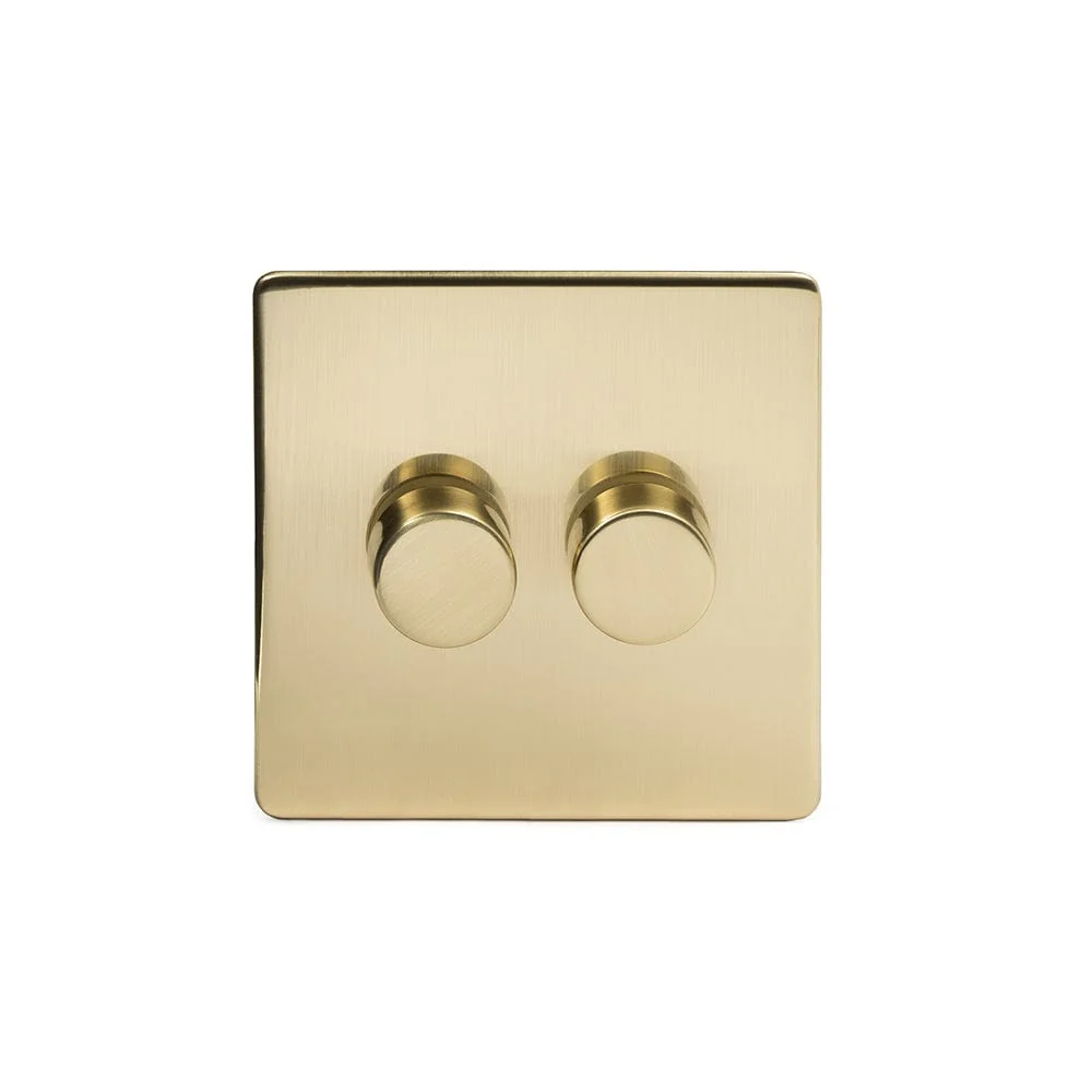 Screwless Brushed Brass 2 Gang 2 Way Intelligent Trailing Dimmer Light Switch