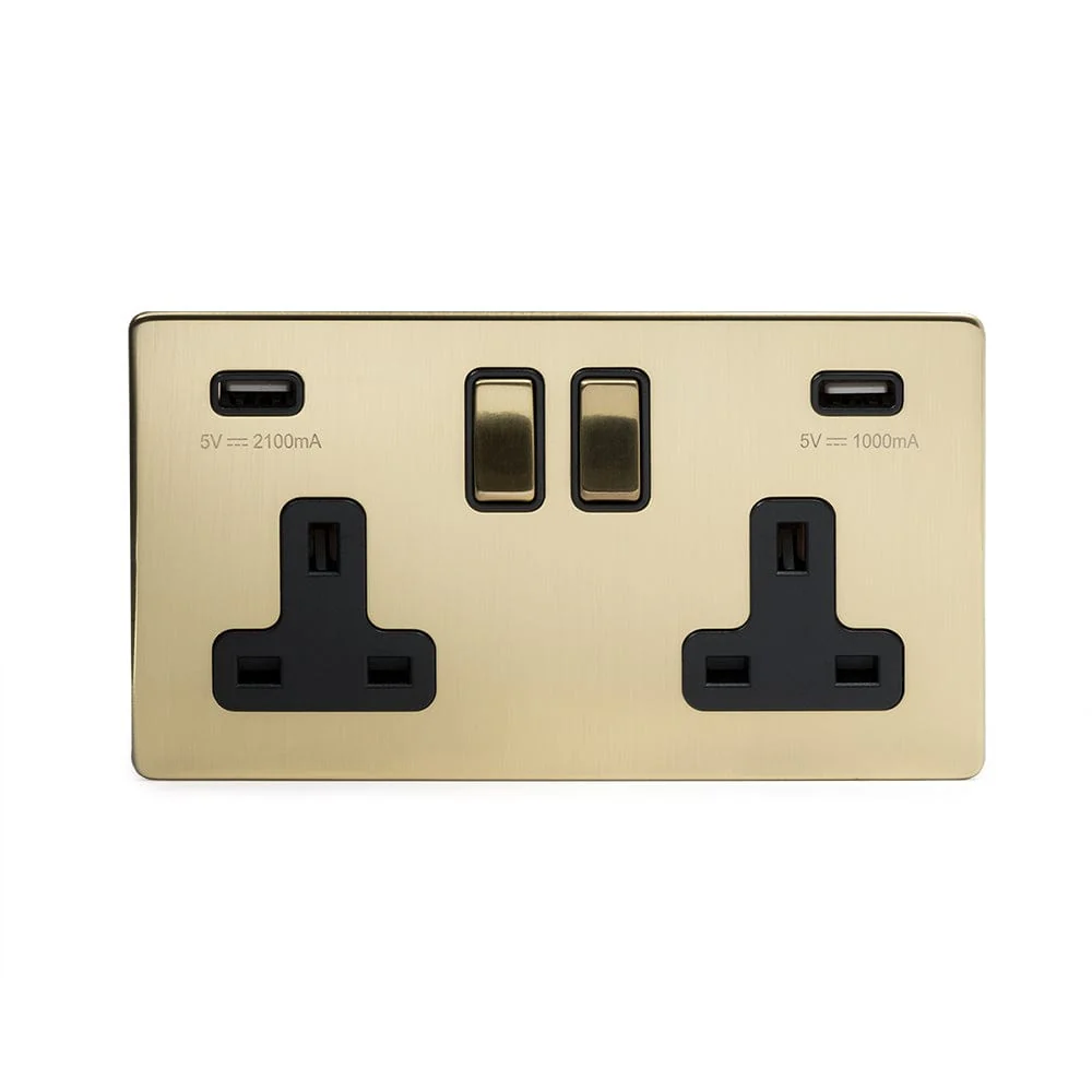 Screwless Brushed Brass 2 Gang 3.1 Amp USB Plug Socket