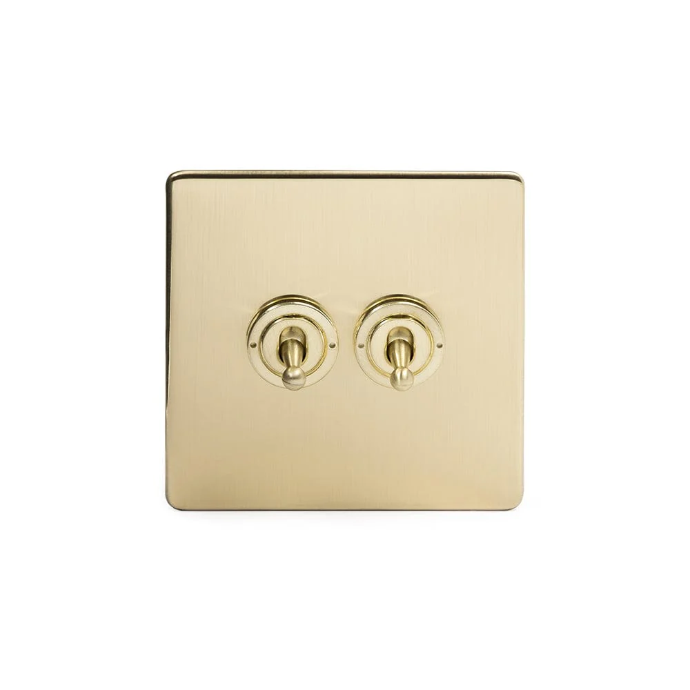 Screwless Brushed Brass 2 Gang Intermediate Toggle Light Switch