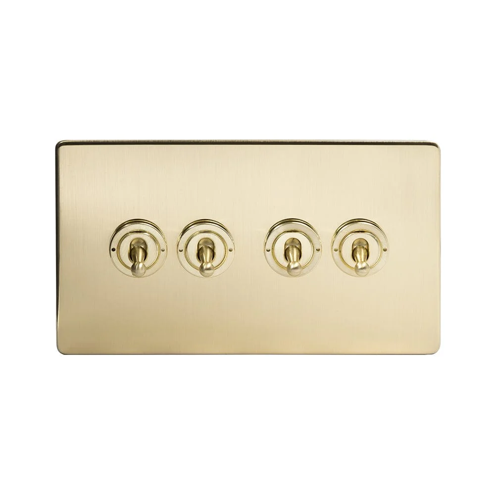 Screwless Brushed Brass 4 Gang 2 Way Toggle Light Switch