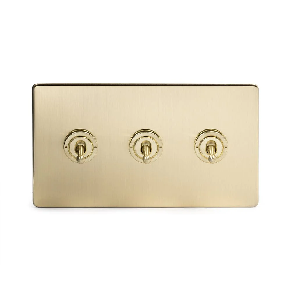Screwless Brushed Brass 3 Gang 2 Way Toggle Light Switch - White