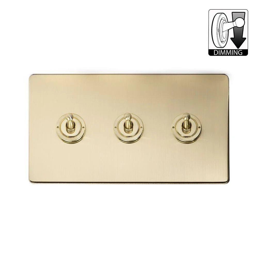 Screwless Brushed Brass 3 Gang Dimming Toggle Light Switch