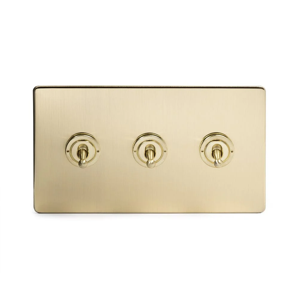 Screwless Brushed Brass 3 Gang Intermediate Toggle Light Switch - White