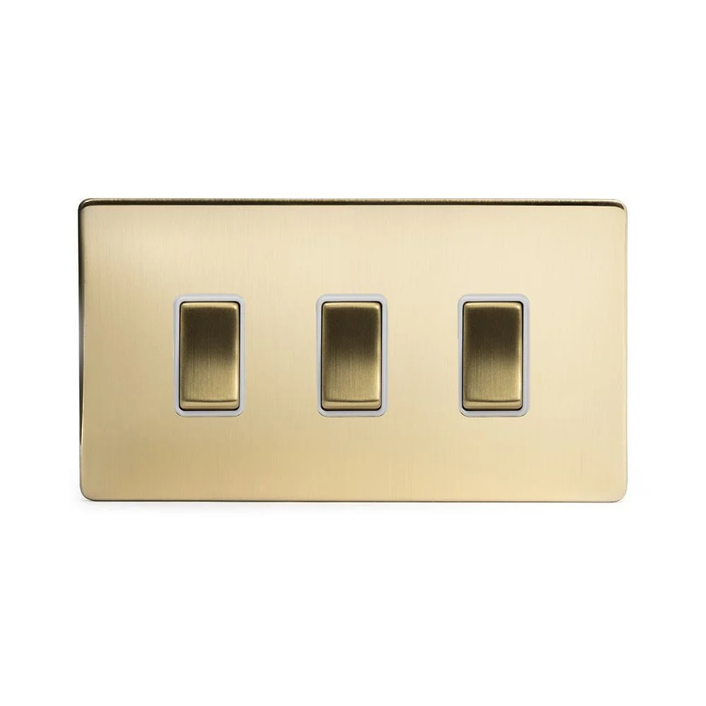 Screwless Brushed Brass 3 Gang Light Switch With 1 Intermediate (2 x 2 Way Swich with 1 Intermediate)