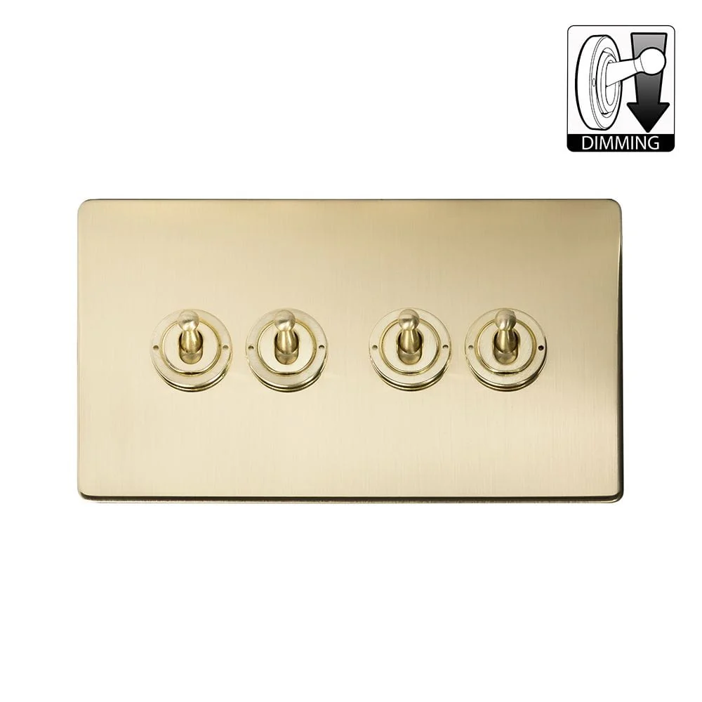 Screwless Brushed Brass 4 Gang Dimming Toggle Light Switch