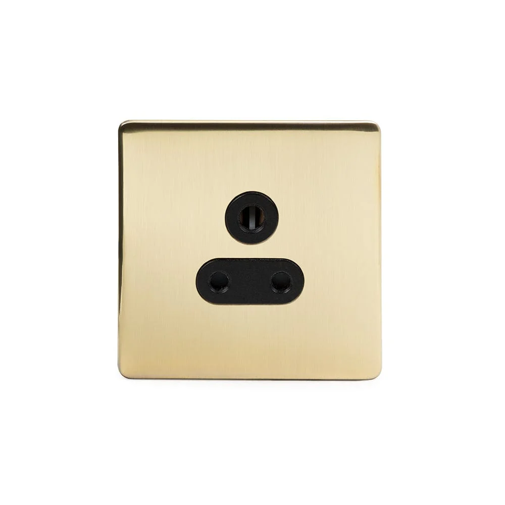 Screwless Brushed Brass 5 Amp Socket Black Trim Unswitched