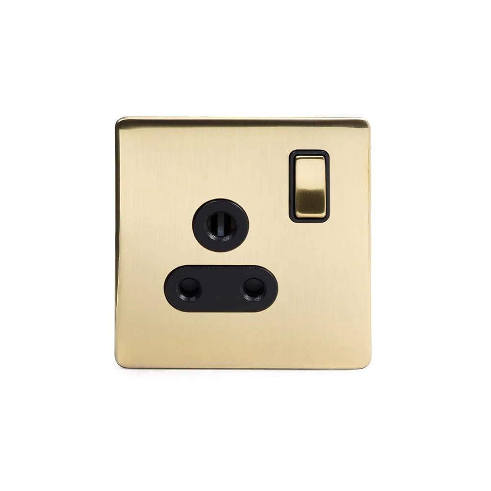 Screwless Brushed Brass 5 Amp Socket with Switch Black Trim