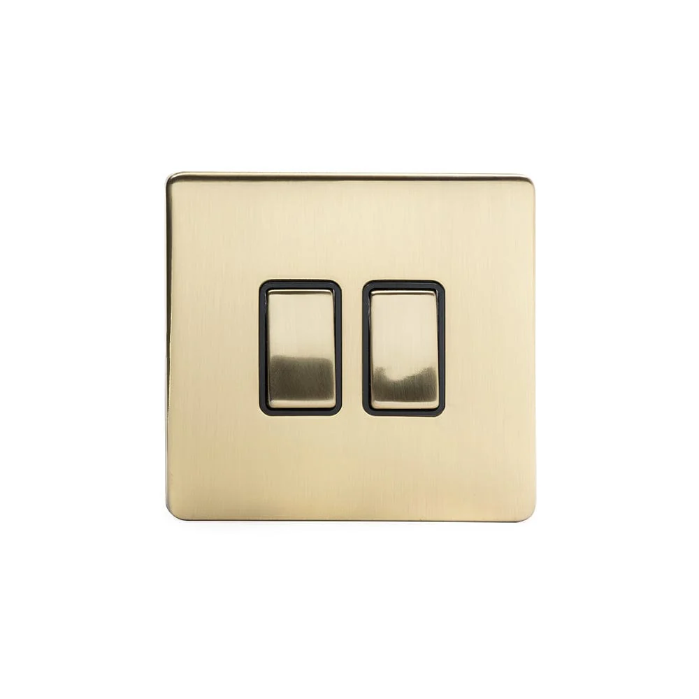 Screwless Brushed Brass 10A 2 Gang Intermediate Light Switch  - Black
